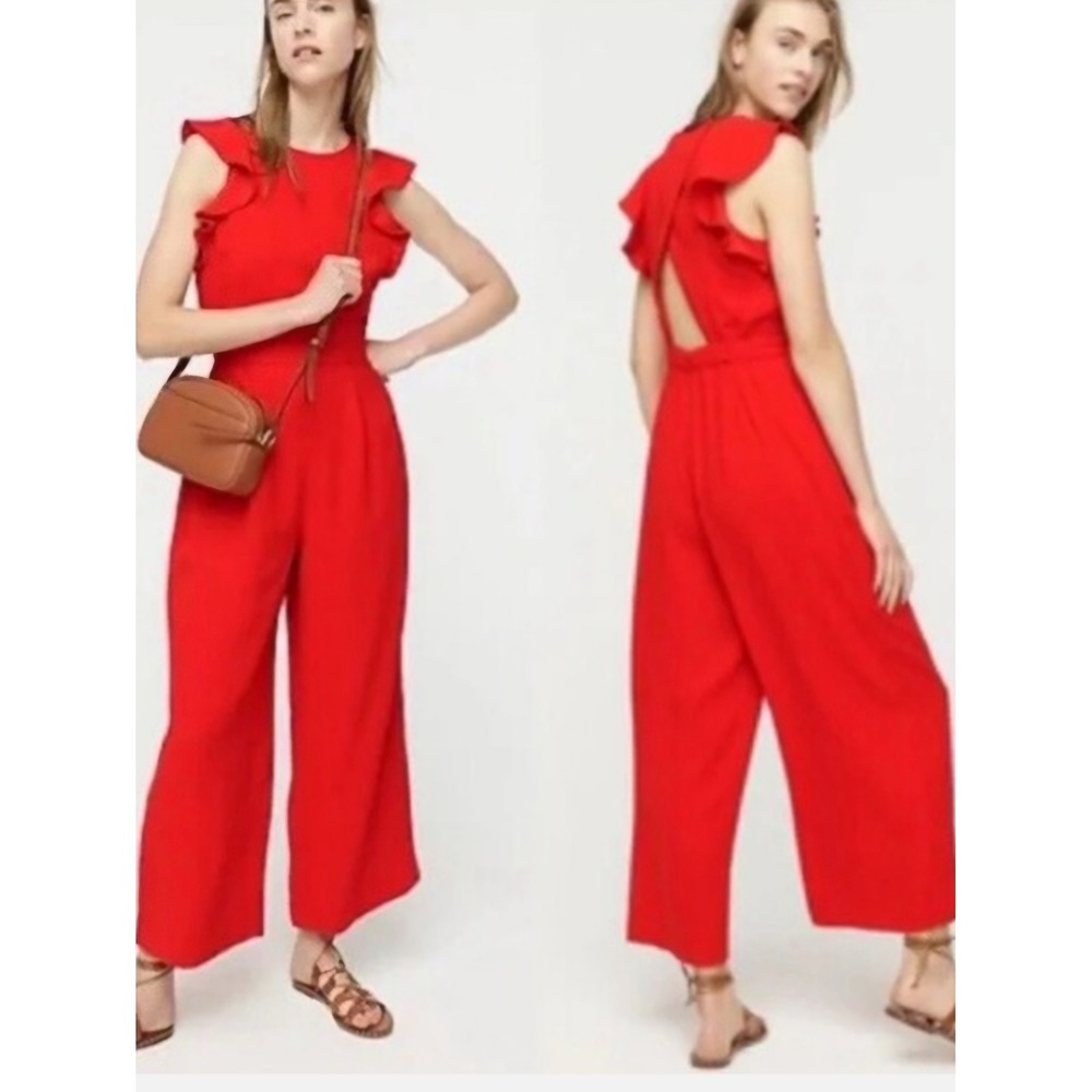 J.Crew Ruffle Sleeve Wide Leg Jumpsuit Poppy Red Romantic Preppy Size 4
